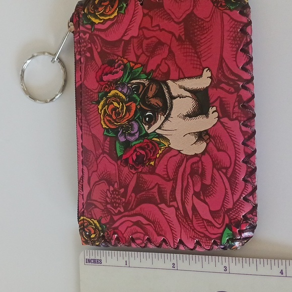 PUG w/ Flowers Printed COIN PURSE / WALLET Zipper Vegan Leather - Picture 3 of 4